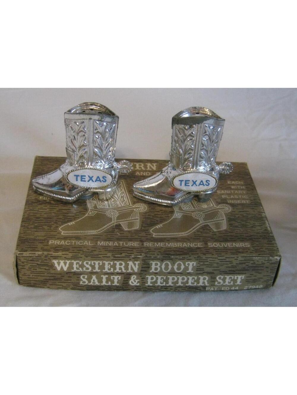 Vintage Western Sliver Metal Cowboy Boots w/ Spurs Salt & Pepper Shakers - TEXAS